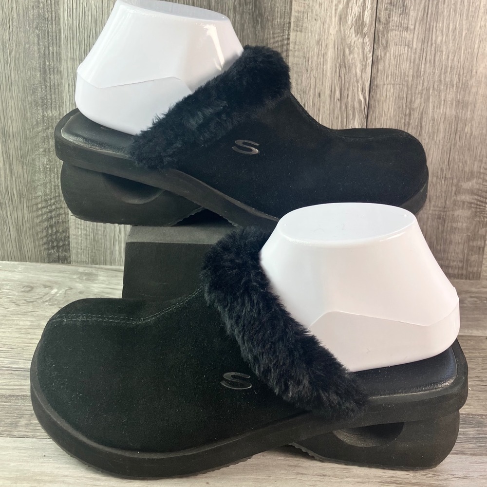 Skechers Vintage Black Suede Faux Fur Platform Clogs Mules Y2K 8013 Size 8